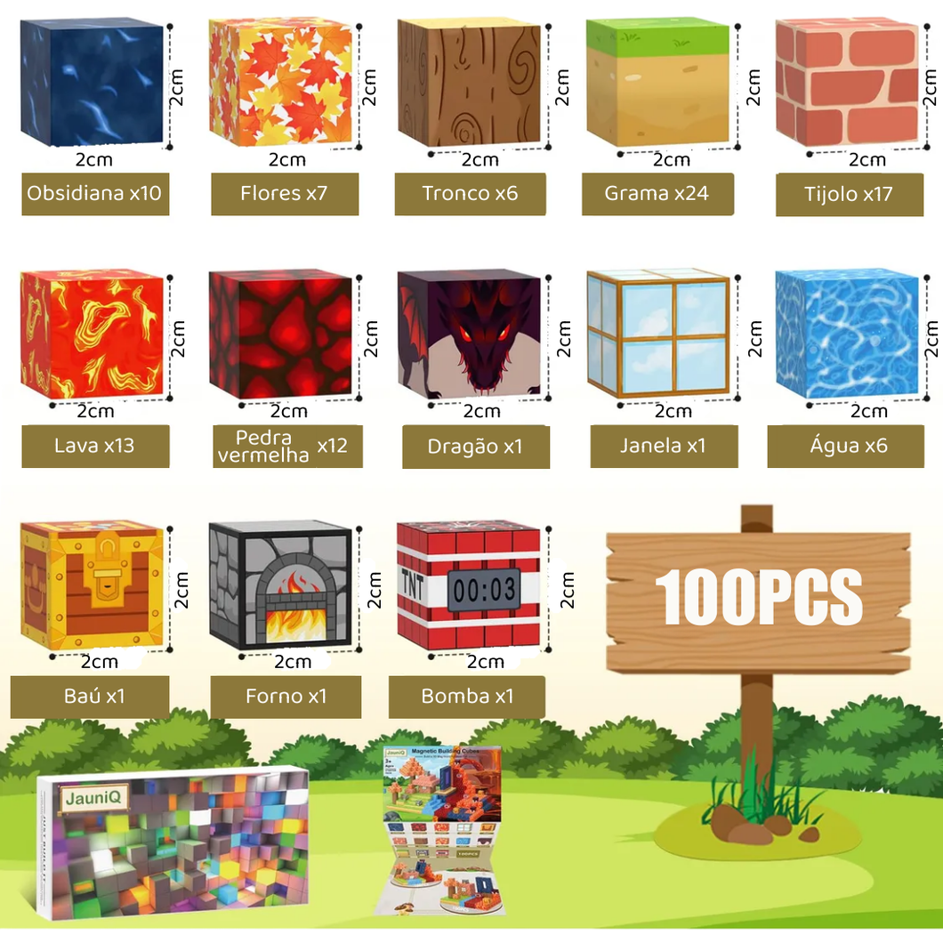 Blocos Magnéticos Magnecraft – Kit Criativo com Peças Temáticas (100, 200, 300 ou 400 peças).